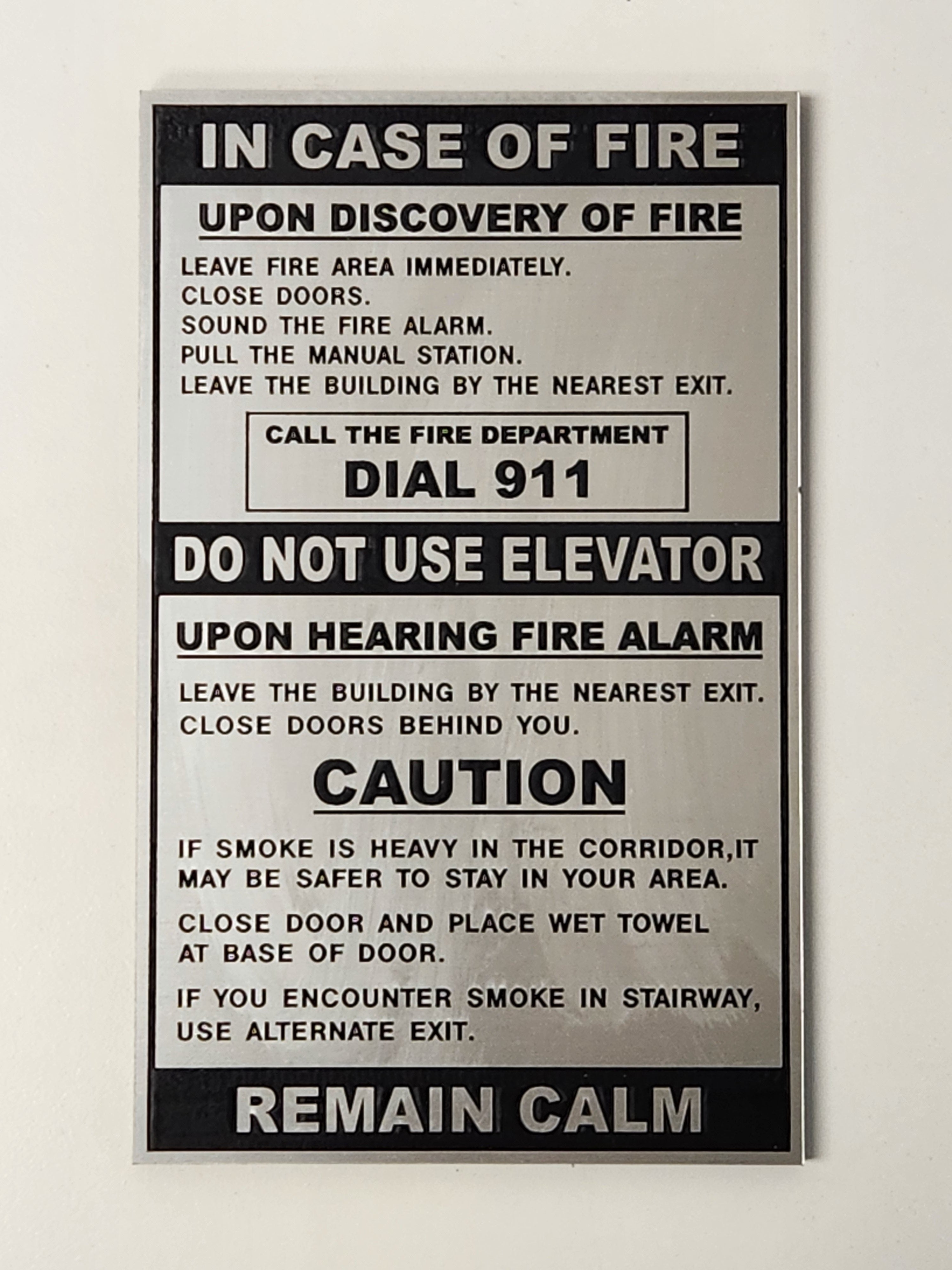 In Case of Fire Sign - Brushed Silver 4.5"x7.25"
