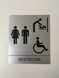 Family Restroom Sign | Brushed Silver/Black | Adhesive Back | 6" x 7.2"