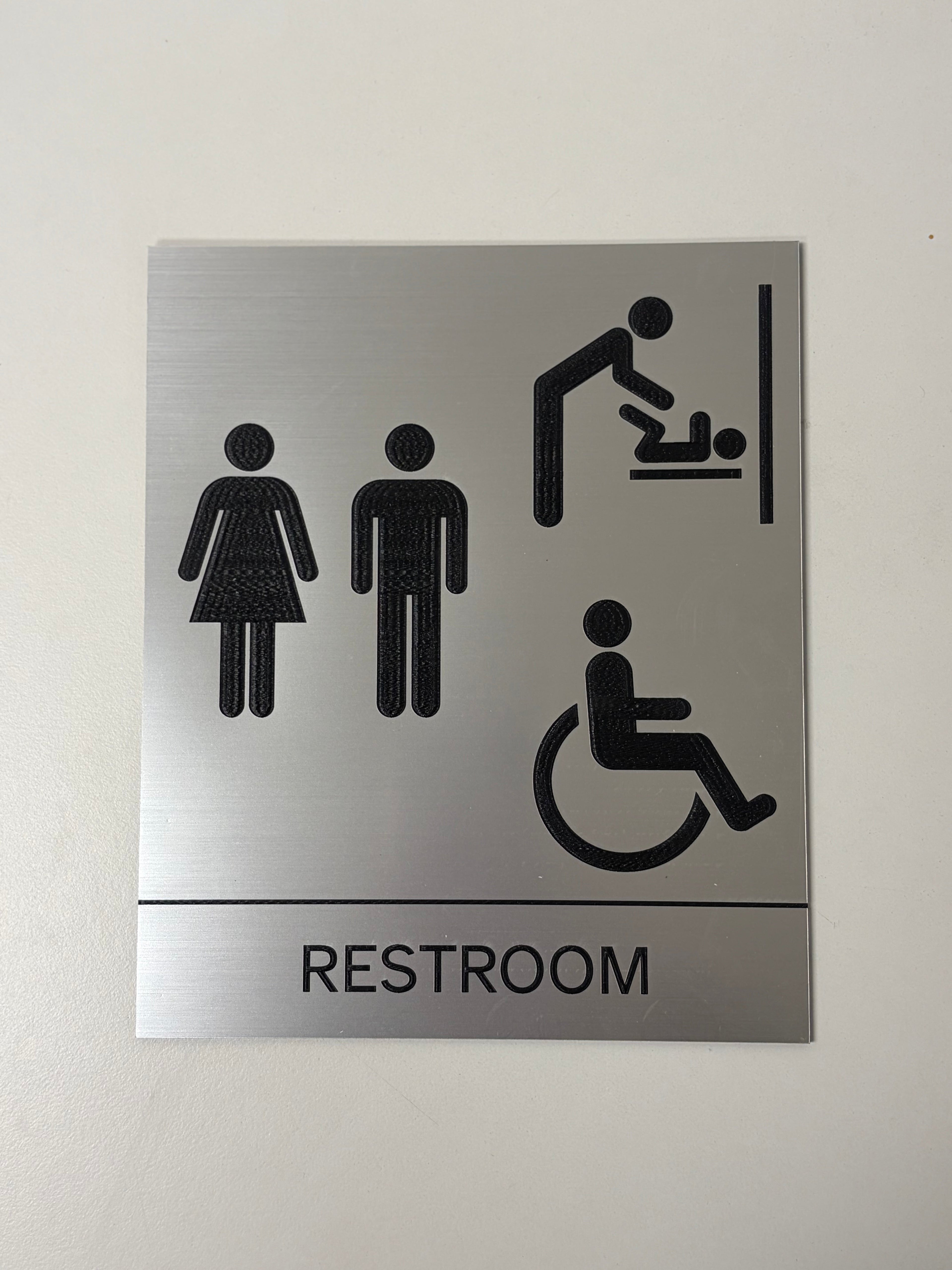 Family Restroom Sign | Brushed Silver/Black | Adhesive Back | 6" x 7.2"