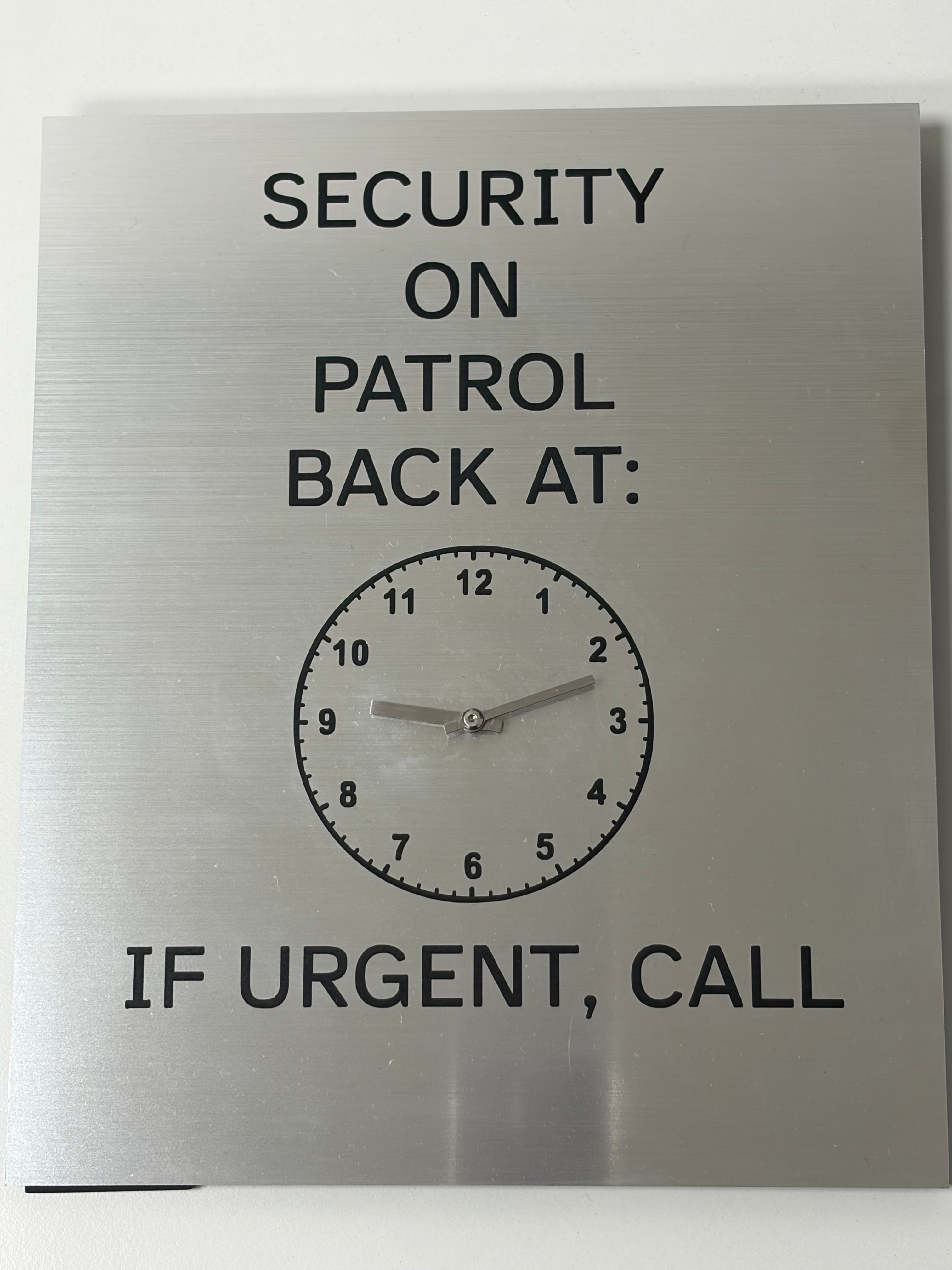 Security On Patrol Clock Sign - Brushed Aluminum 7.5"x9"